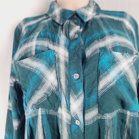 Caffe Marrakesh Women's Teal White Plaid Long Sleeve Button Up Shirt Size M - Picture 3 of 12
